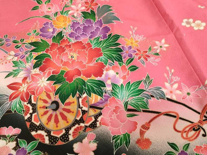 平和屋着物[]七五三　女の子　７歳　祝着　四つ身　花車文　暈し染め　金彩　洗える着物　AABI2687ja