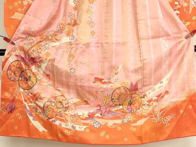 平和屋着物[]七五三　女の子　７歳　祝着　四つ身　花鼓文　折り鶴　金彩　洗える着物　AABI2689ja