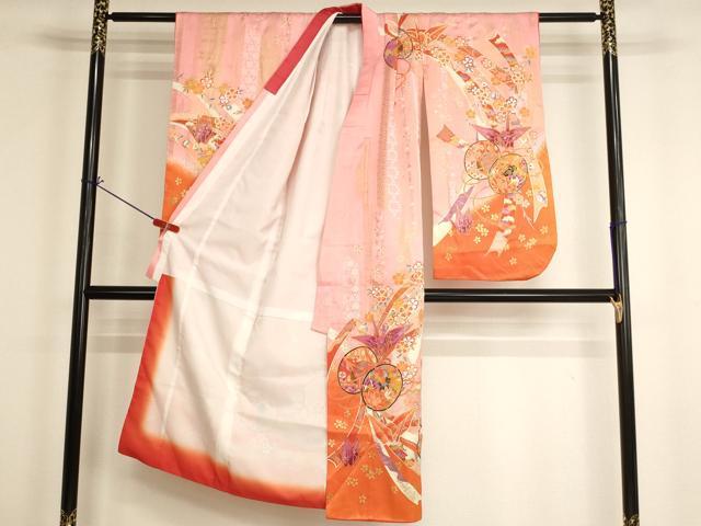 平和屋着物[]七五三　女の子　７歳　祝着　四つ身　花鼓文　折り鶴　金彩　洗える着物　AABI2689ja