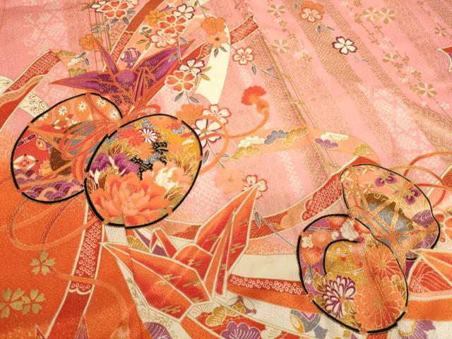 平和屋着物[]七五三　女の子　７歳　祝着　四つ身　花鼓文　折り鶴　金彩　洗える着物　AABI2689ja