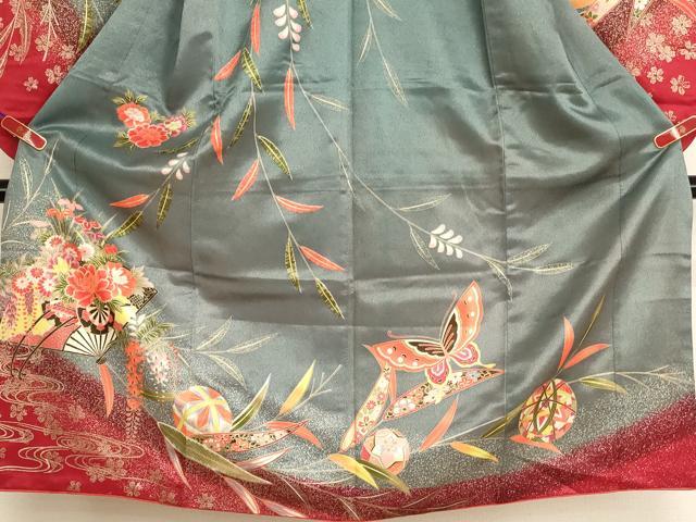 平和屋着物[]七五三　女の子　７歳　祝着　四つ身　長襦袢（単衣）セット　扇面花車文　金彩　AABI2690ja
