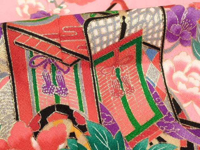 平和屋着物[]七五三　女の子　７歳　祝着　四つ身　御所車几帳花文　金銀彩　AABI2691ja