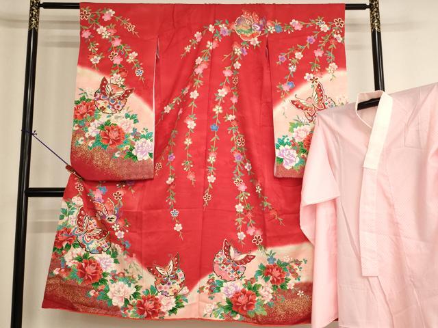 平和屋着物[]七五三　女の子　７歳　祝着　四つ身　長襦袢（単衣）セット　雪輪花蝶文　暈し染め　金彩　洗える着物　AABI2692ja