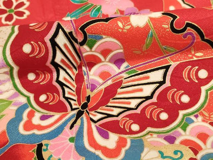 平和屋着物[]七五三　女の子　７歳　祝着　四つ身　長襦袢（単衣）セット　雪輪花蝶文　暈し染め　金彩　洗える着物　AABI2692ja