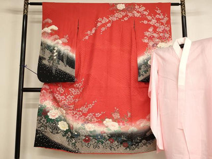 平和屋着物[]七五三　女の子　７歳　祝着　四つ身　長襦袢（単衣）セット　花車文　暈し染め　金銀彩　逸品　AABI2693ja