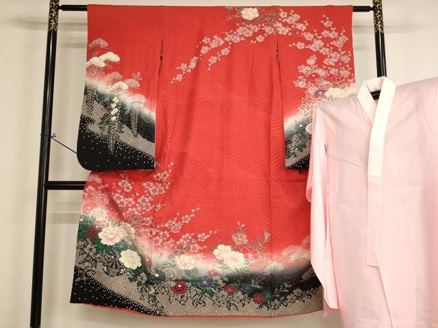 平和屋着物[]七五三　女の子　７歳　祝着　四つ身　長襦袢（単衣）セット　花車文　暈し染め　金銀彩　逸品　AABI2693ja
