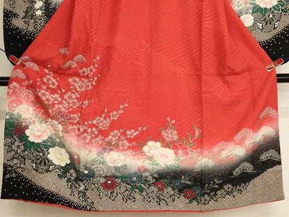 平和屋着物[]七五三　女の子　７歳　祝着　四つ身　長襦袢（単衣）セット　花車文　暈し染め　金銀彩　逸品　AABI2693ja