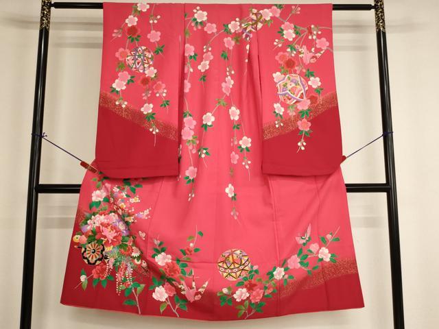 平和屋着物[]七五三　女の子　７歳　祝着　四つ身　花車文　暈し染め　金彩　AABI2695ja