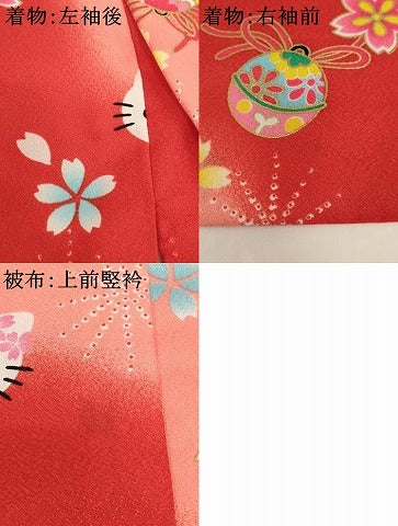 平和屋着物[]七五三　女の子　３歳　祝着　三つ身　被布セット　ハローキティ　鈴　桜　暈し染め　金彩　AABI2700ja