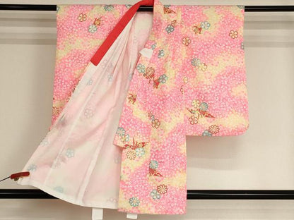 平和屋着物[]七五三　女の子　３歳　祝着　三つ身　被布セット　折り鶴　舞桜文　暈し染め　金彩　AABI2711ja