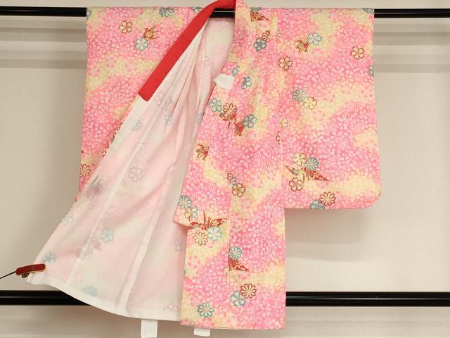 平和屋着物[]七五三　女の子　３歳　祝着　三つ身　被布セット　折り鶴　舞桜文　暈し染め　金彩　AABI2711ja
