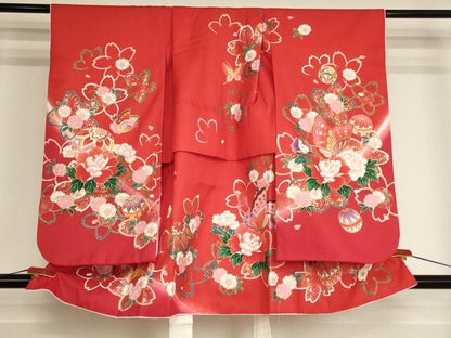 平和屋着物[]七五三　女の子　３歳　祝着　三つ身　花手毬舞蝶文　暈し染め　金彩　洗える着物　AABI2712ja