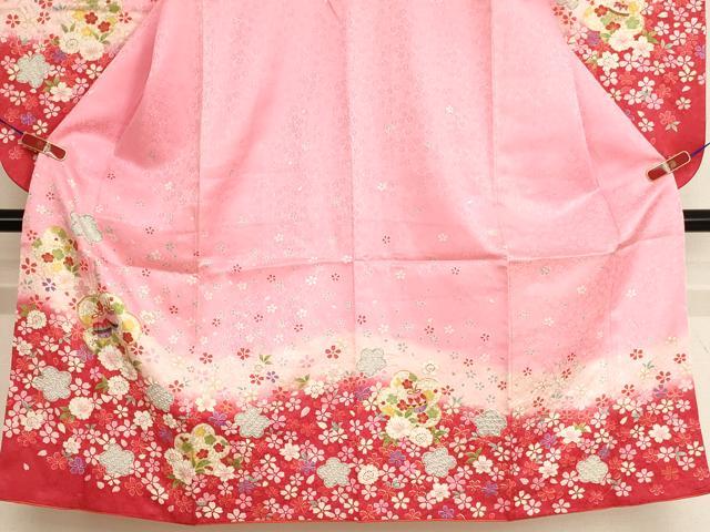平和屋着物[]七五三 女の子 ７歳 祝着 四つ身 袋帯・小物セット 刺繍 舞花文 鈴 暈し染め 金糸 金彩 逸品 AABI2713ja