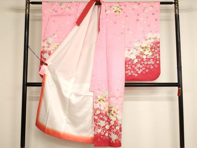 平和屋着物[]七五三　女の子　７歳　祝着　四つ身　袋帯・小物セット　刺繍　舞花文　鈴　暈し染め　金糸　金彩　逸品　AABI2713ja