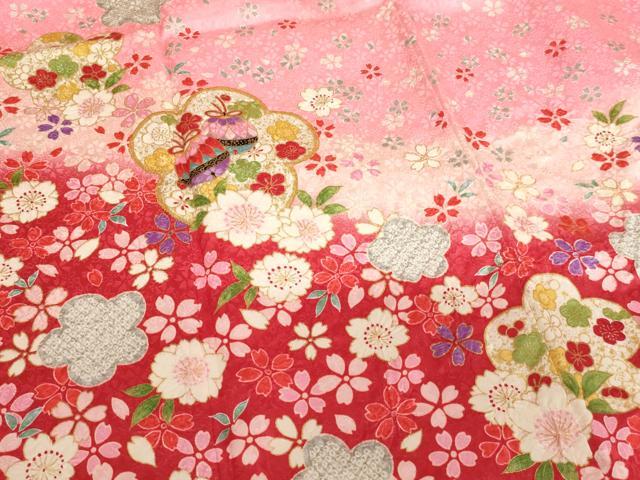 平和屋着物[]七五三　女の子　７歳　祝着　四つ身　袋帯・小物セット　刺繍　舞花文　鈴　暈し染め　金糸　金彩　逸品　AABI2713ja