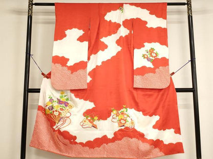 平和屋着物[]七五三　女の子　７歳　祝着　四つ身　駒刺繍　絞り　檜扇花文　金糸　逸品　AABI2714ja
