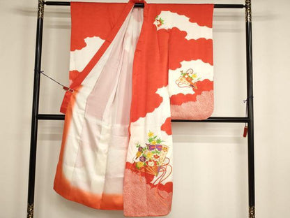 平和屋着物[]七五三　女の子　７歳　祝着　四つ身　駒刺繍　絞り　檜扇花文　金糸　逸品　AABI2714ja
