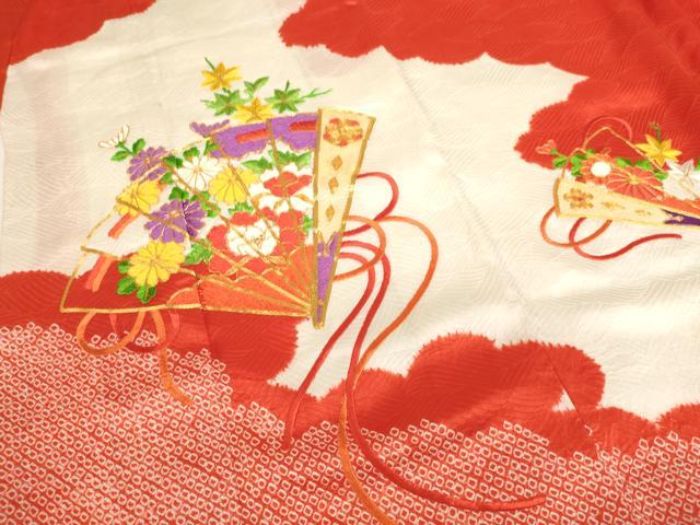 平和屋着物[]七五三　女の子　７歳　祝着　四つ身　駒刺繍　絞り　檜扇花文　金糸　逸品　AABI2714ja