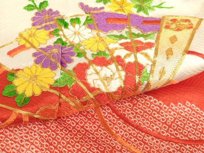 平和屋着物[]七五三　女の子　７歳　祝着　四つ身　駒刺繍　絞り　檜扇花文　金糸　逸品　AABI2714ja