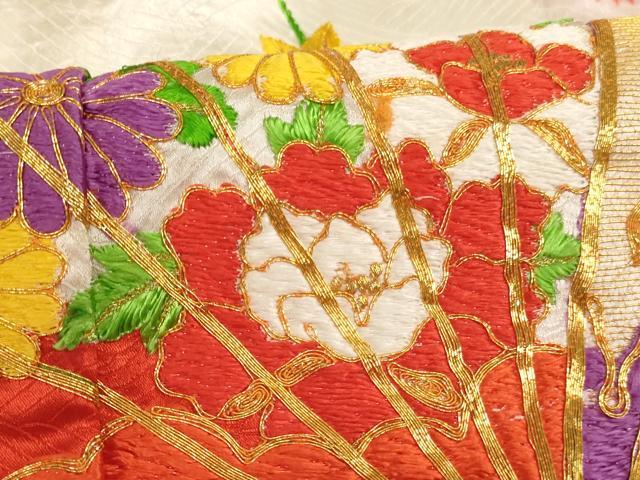 平和屋着物[]七五三　女の子　７歳　祝着　四つ身　駒刺繍　絞り　檜扇花文　金糸　逸品　AABI2714ja