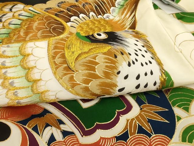 平和屋着物[]お宮参り　男の子　祝着　産着　初着　のしめ　刺繍　鷹　打ち出の小槌　金糸　金彩　逸品　AABI2715ja