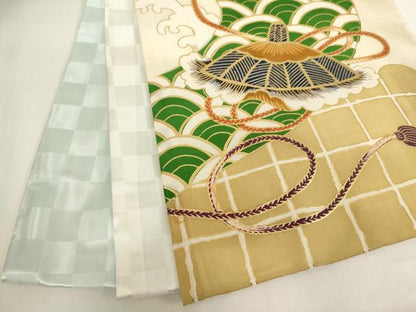 平和屋着物[]お宮参り　男の子　祝着　産着　初着　のしめ　刺繍　鷹　打ち出の小槌　金糸　金彩　逸品　AABI2715ja