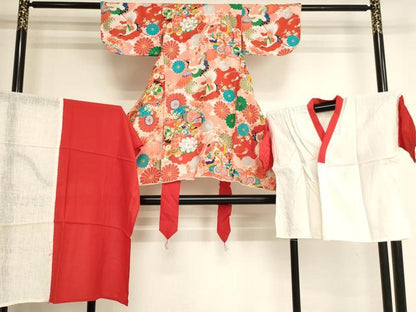 平和屋着物[]七五三　女の子　３歳　祝着　一つ身　長襦袢（無双仕立て・二部式）セット　飛鶴吉祥花文　金銀彩　逸品　AABI2721ja