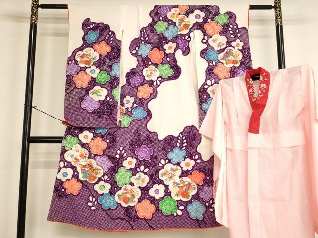 平和屋着物[]七五三　女の子　７歳　祝着　四つ身　長襦袢（無双仕立て・半衿刺繍）セット　駒刺繍　舞梅文　糸巻き　金彩　AABI2727ja