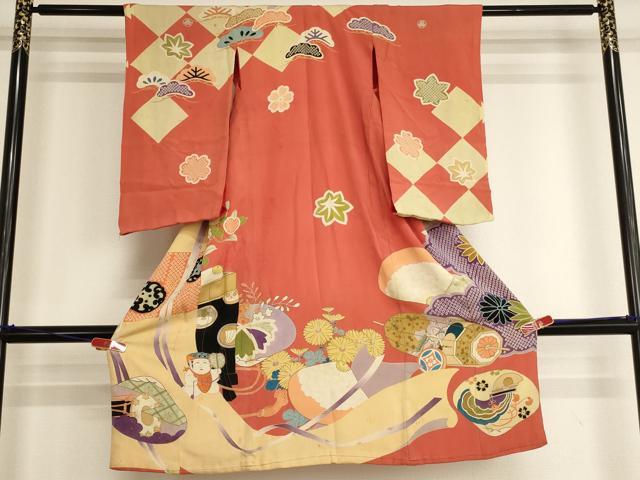 平和屋着物[]アンティーク　大正ロマン　お宮参り　女の子　祝着　産着　初着　のしめ　駒刺繍　童子　貝合せ花文　逸品　AABI2729ja