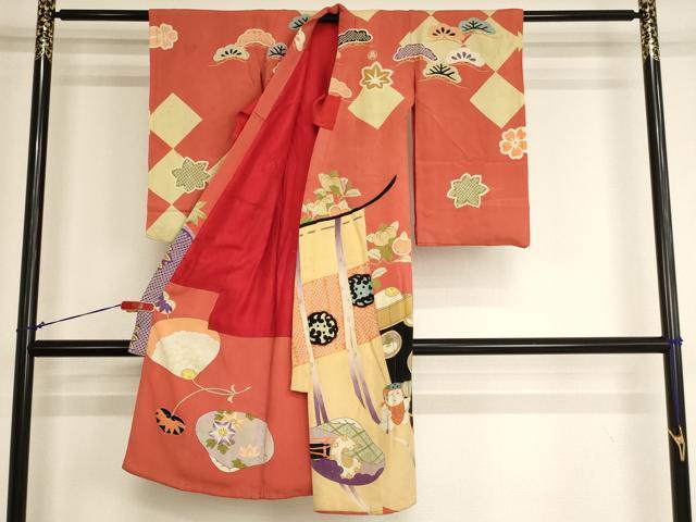 平和屋着物[]アンティーク　大正ロマン　お宮参り　女の子　祝着　産着　初着　のしめ　駒刺繍　童子　貝合せ花文　逸品　AABI2729ja