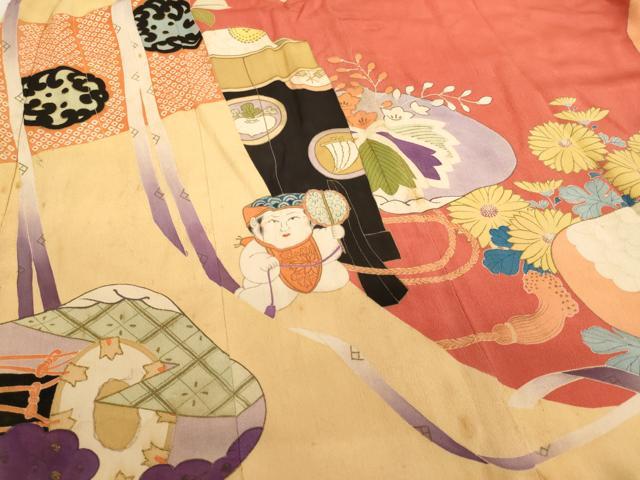 平和屋着物[]アンティーク　大正ロマン　お宮参り　女の子　祝着　産着　初着　のしめ　駒刺繍　童子　貝合せ花文　逸品　AABI2729ja