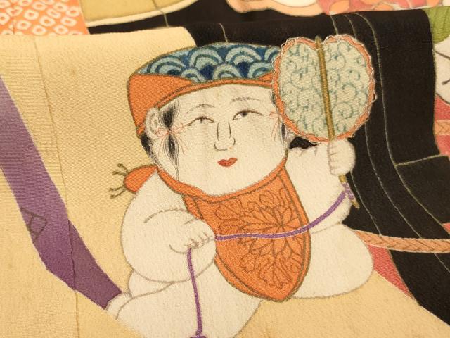 平和屋着物[]アンティーク　大正ロマン　お宮参り　女の子　祝着　産着　初着　のしめ　駒刺繍　童子　貝合せ花文　逸品　AABI2729ja