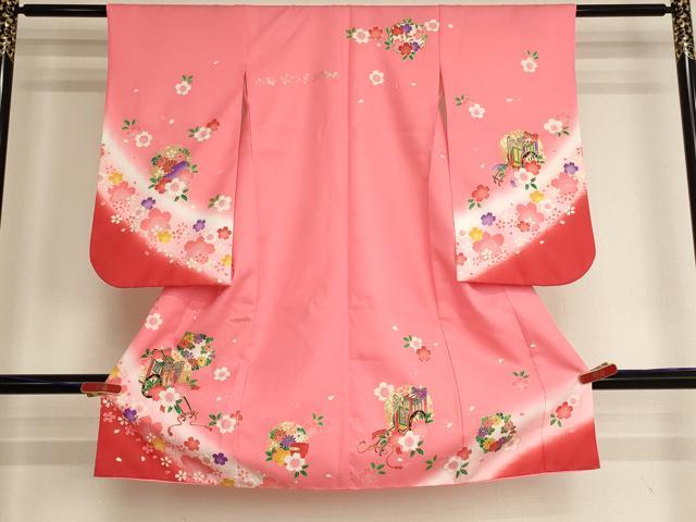 平和屋着物[]七五三　女の子　３歳　祝着　三つ身　雪輪御所車花文　暈し染め　金彩　AABI2730ja