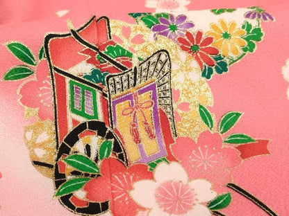 平和屋着物[]七五三　女の子　３歳　祝着　三つ身　雪輪御所車花文　暈し染め　金彩　AABI2730ja