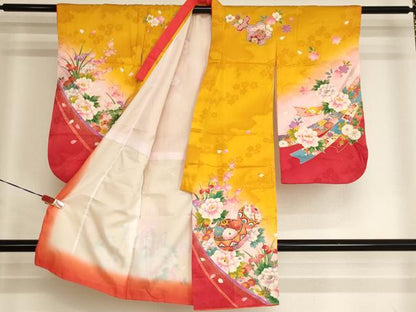 平和屋着物[]七五三　女の子　３歳　祝着　三つ身　花手毬文　暈し染め　金彩　逸品　AABI2731ja