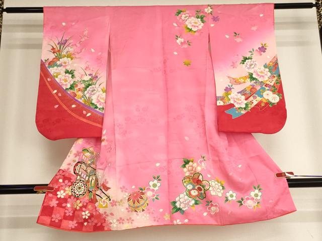 平和屋着物[]七五三　女の子　３歳　祝着　三つ身　御所車花文　暈し染め　金彩　AABI2734ja