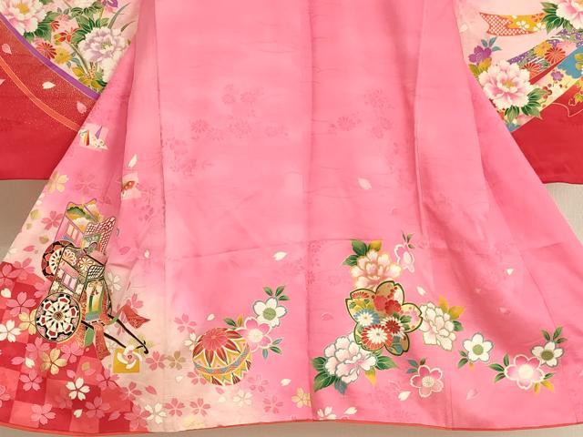 平和屋着物[]七五三　女の子　３歳　祝着　三つ身　御所車花文　暈し染め　金彩　AABI2734ja