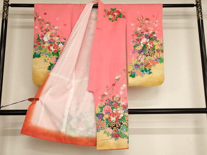 平和屋着物[]七五三　女の子　３歳　祝着　三つ身　長襦袢（単衣）セット　花車舞蝶文　暈し染め　金彩　AABI2737ja