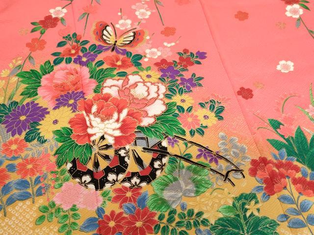 平和屋着物[]七五三　女の子　３歳　祝着　三つ身　長襦袢（単衣）セット　花車舞蝶文　暈し染め　金彩　AABI2737ja