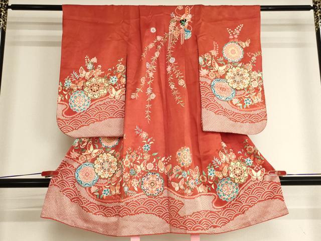 平和屋着物[]七五三　女の子　３歳　祝着　三つ身　正倉院花蝶文　金彩　AABI2738ja
