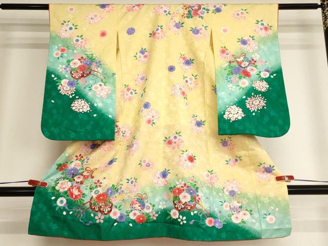 平和屋着物[]七五三　女の子　３歳　祝着　三つ身　鈴花文　暈し染め　金彩　AABI2740ja