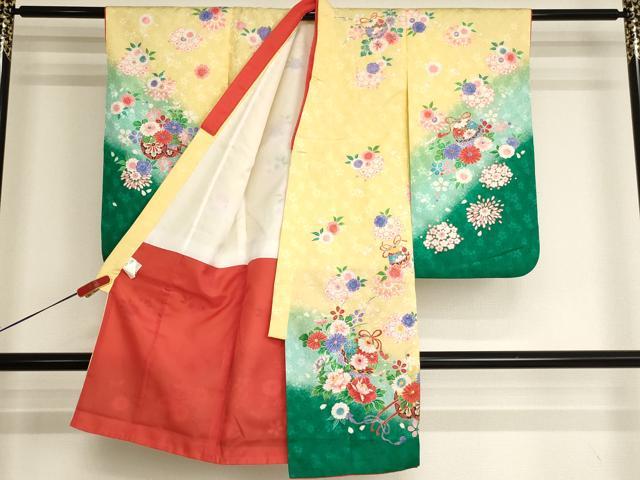 平和屋着物[]七五三　女の子　３歳　祝着　三つ身　鈴花文　暈し染め　金彩　AABI2740ja
