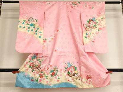 平和屋着物[]七五三 女の子 ３歳 祝着 三つ身 花車文 暈し染め 金彩 AABI2745ja