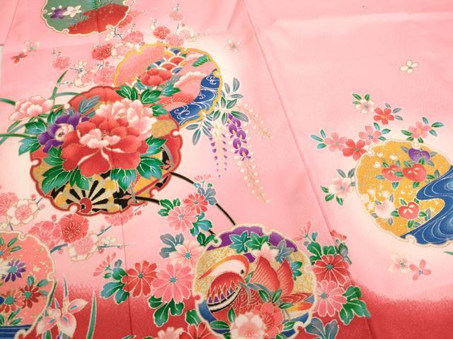 平和屋着物[]七五三　女の子　３歳　祝着　三つ身　雪輪花車文　暈し染め　金彩　AABI2746ja