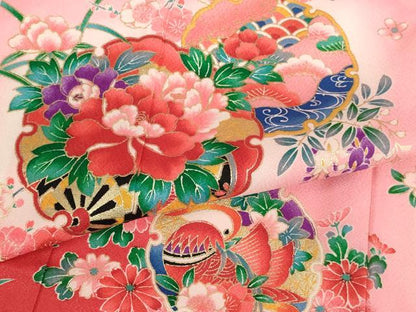 平和屋着物[]七五三　女の子　３歳　祝着　三つ身　雪輪花車文　暈し染め　金彩　AABI2746ja