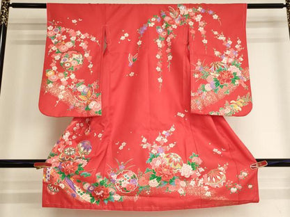 平和屋着物[]七五三 女の子 ３歳 祝着 三つ身 手毬花蝶文 金彩 未使用 AABI2747ja