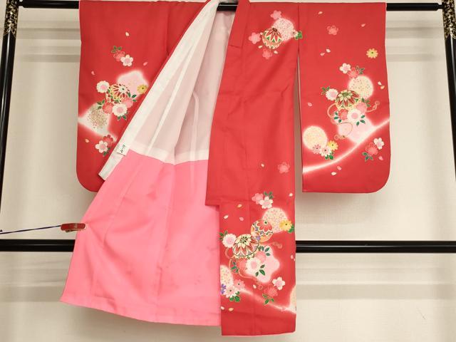 平和屋着物[]七五三　女の子　３歳　祝着　三つ身　桜手毬文　暈し染め　金彩　AABI2749ja