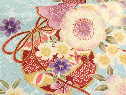 平和屋着物[]七五三　女の子　３歳　祝着　三つ身　長襦袢（単衣）セット　鈴　桜　金彩　未使用　AABI2753ja