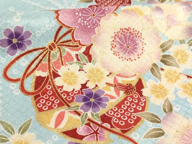 平和屋着物[]七五三　女の子　３歳　祝着　三つ身　長襦袢（単衣）セット　鈴　桜　金彩　未使用　AABI2753ja