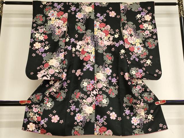平和屋着物[]七五三　女の子　３歳　祝着　三つ身　舞花文　黒地　AABI2754ja